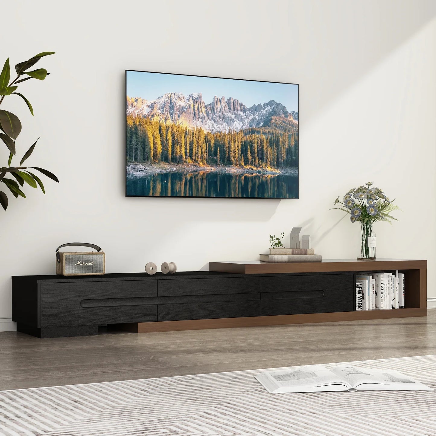 QiaoShiRen Extendable TV Stand With Open Storage And Three Drawers