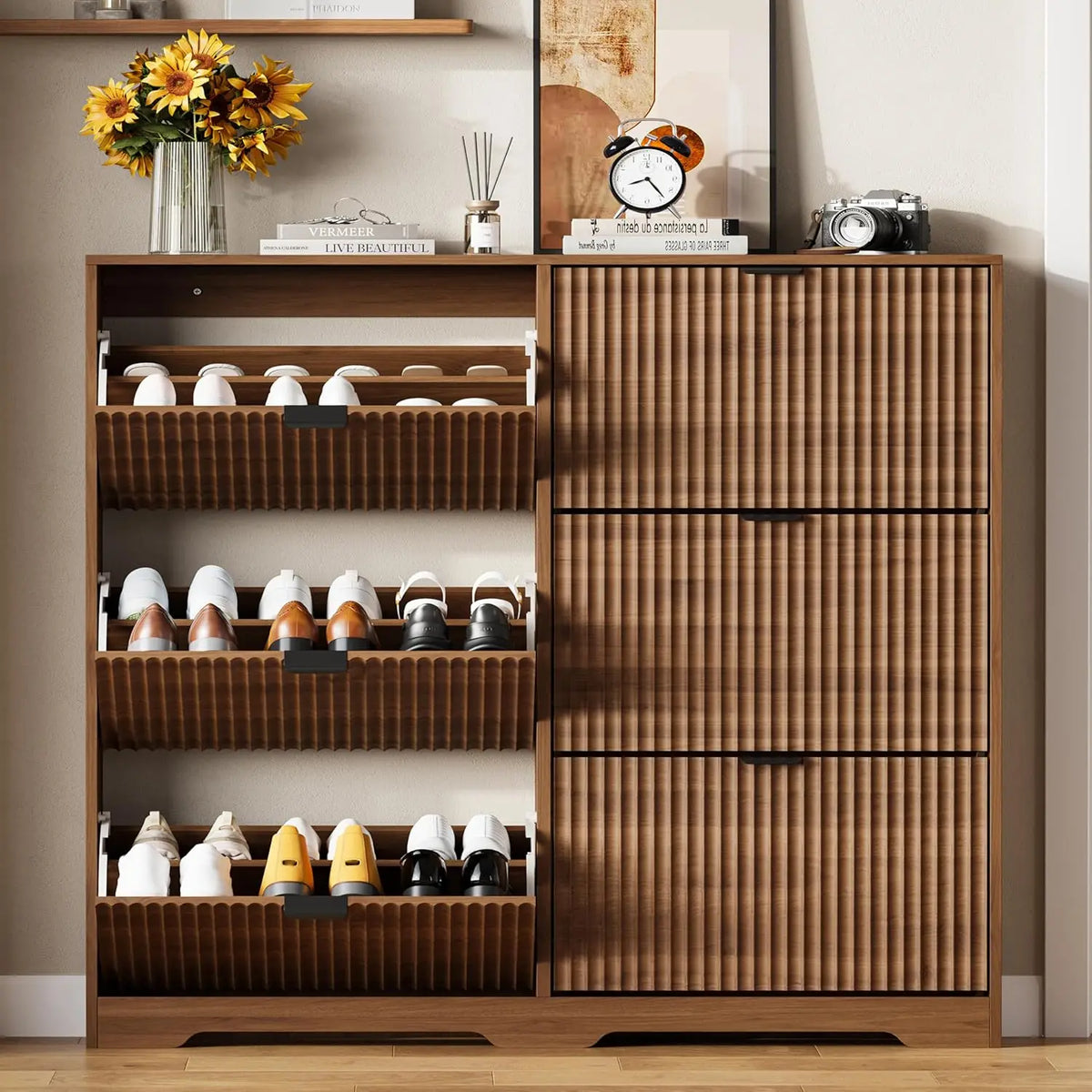 Walnut Fluted Shoe Cabinet With 6 Flip Drawers Adjustable Shelves Wooden