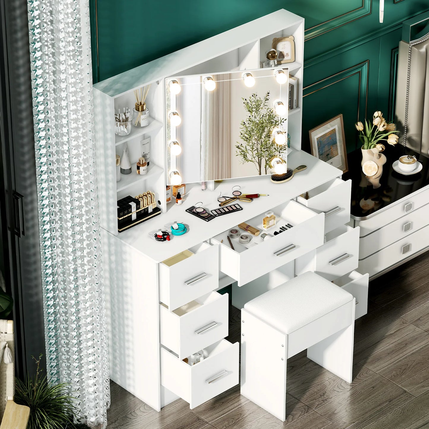 Onesaimei Minimalist Wooden Vanity With Light Up Mirror And Drawers
