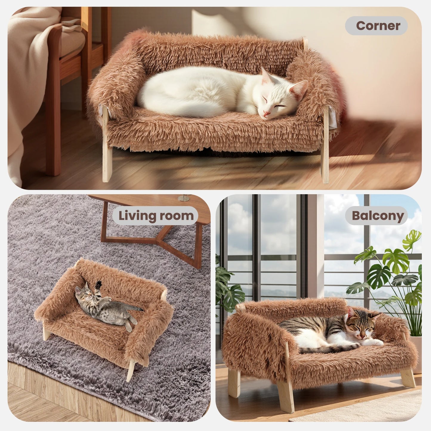 Raised Wooden Leg Cat Bed Plush Sofa For Indoor Cats