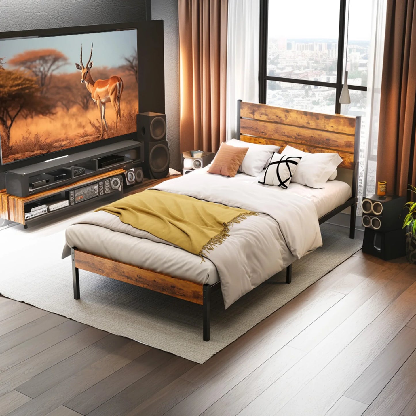 JHK Metal Platform Bed Frame With Headboard And Footboard Slats