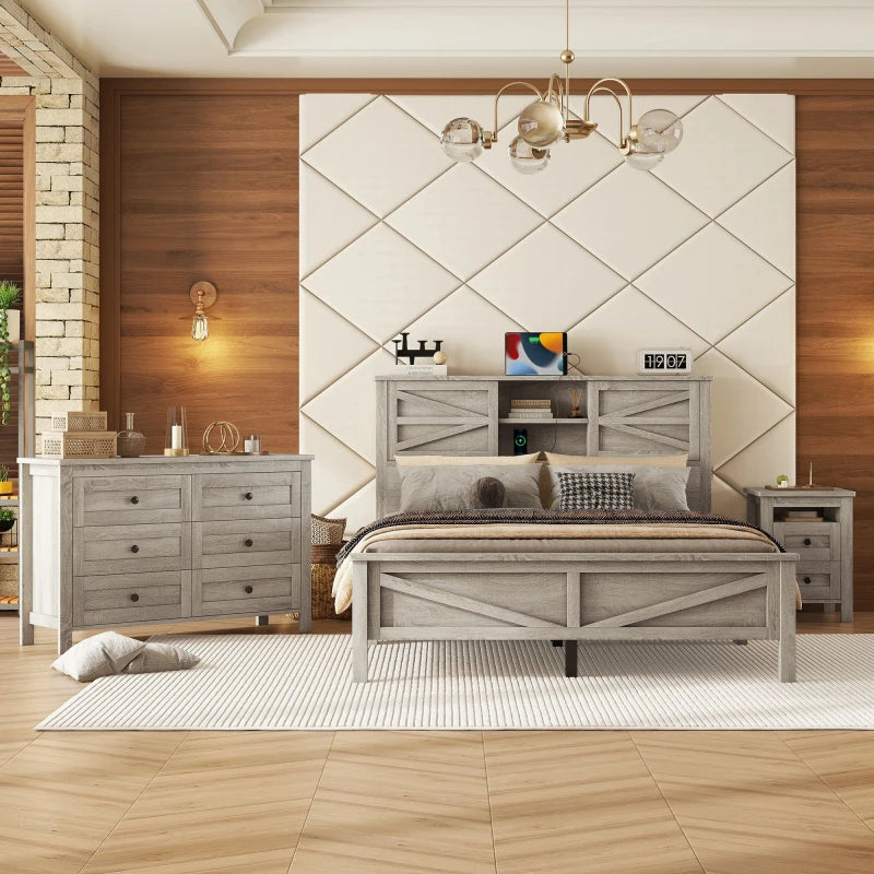 Farmhouse 3 Piece Bedroom Set Platform Bed With Storage Headboard