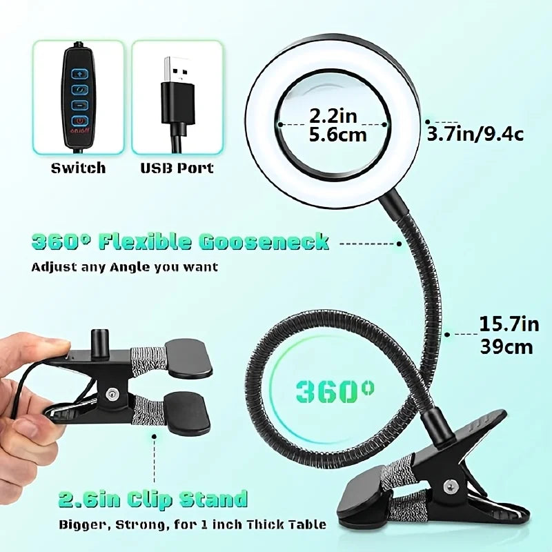 Dumiloo LED Clip On Magnifying Desk Lamp Adjustable Gooseneck