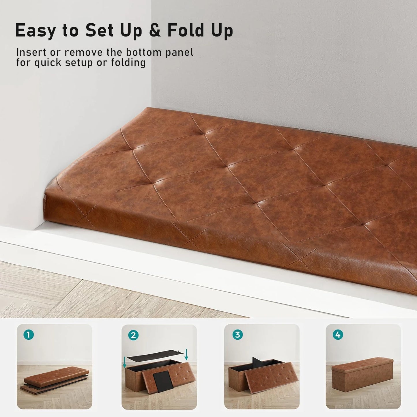 Tufted Faux Leather Storage Bench Ottoman With Folding Footrest