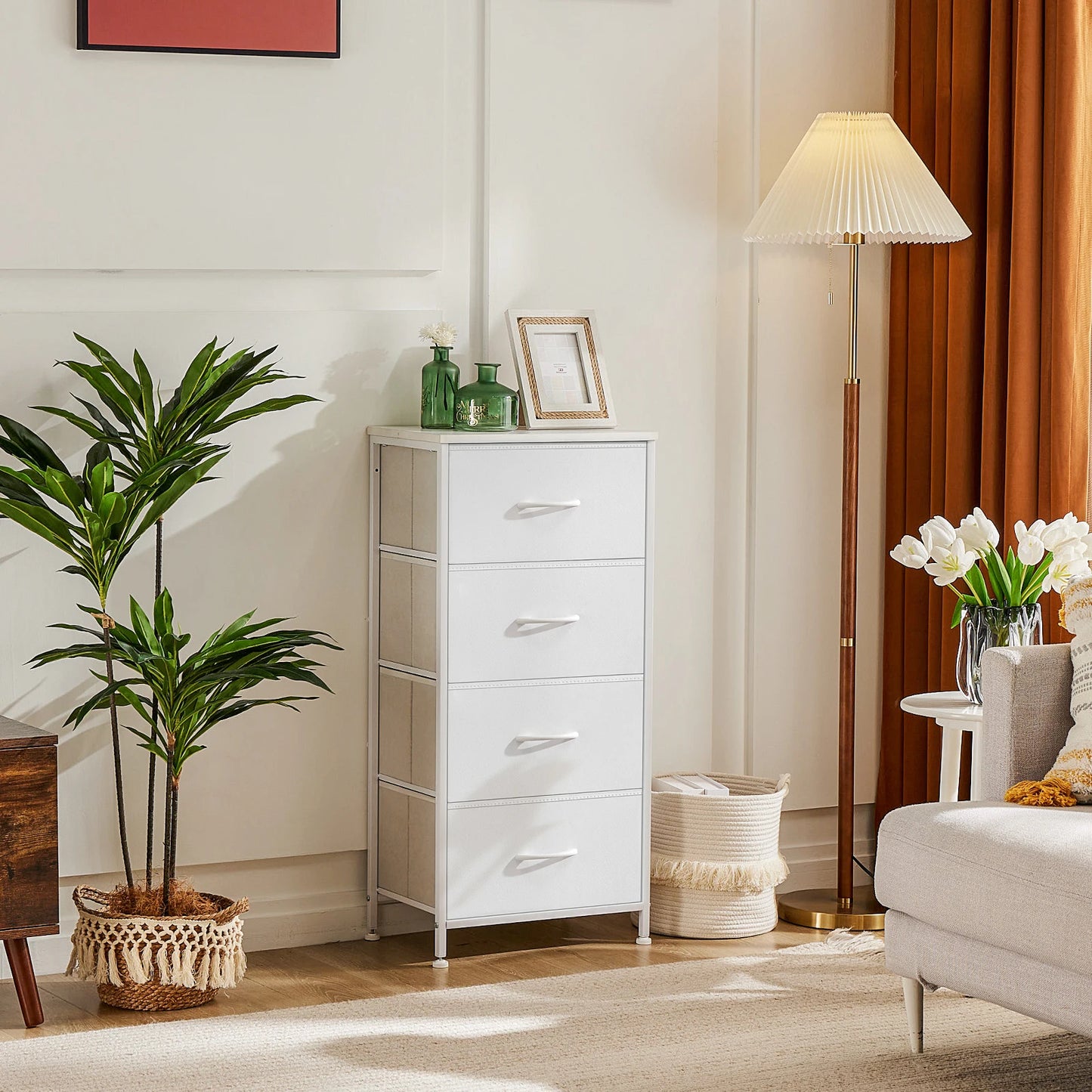 JHK Dresser For Bedroom With Four Fabric Drawers Steel Frame