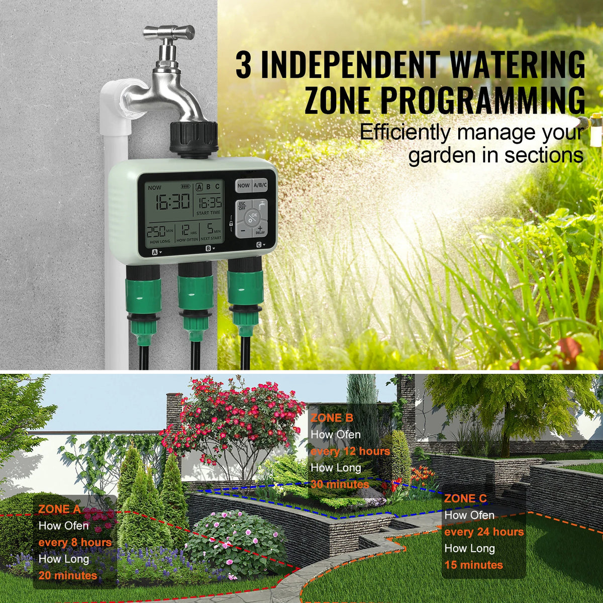 SucceBuy 3 Outlet Water Timer With LCD Display And Rain Delay