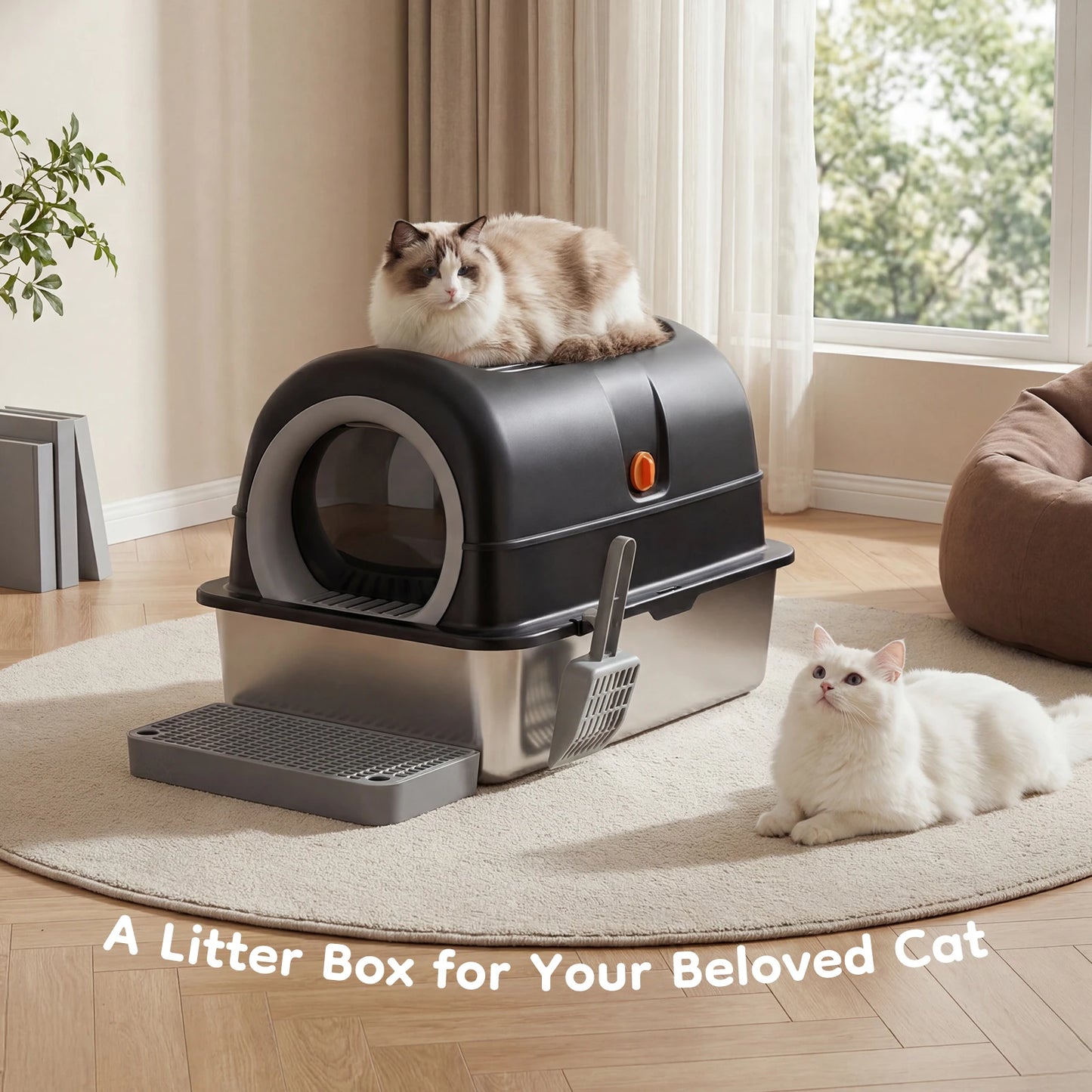 Stainless Steel Cat Litter Box Fully Enclosed For Large Cats Scoop And Mat