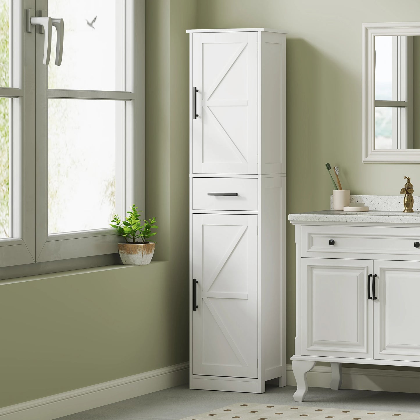 HOMCOM Modern Bathroom Storage Cabinet With Barn Doors