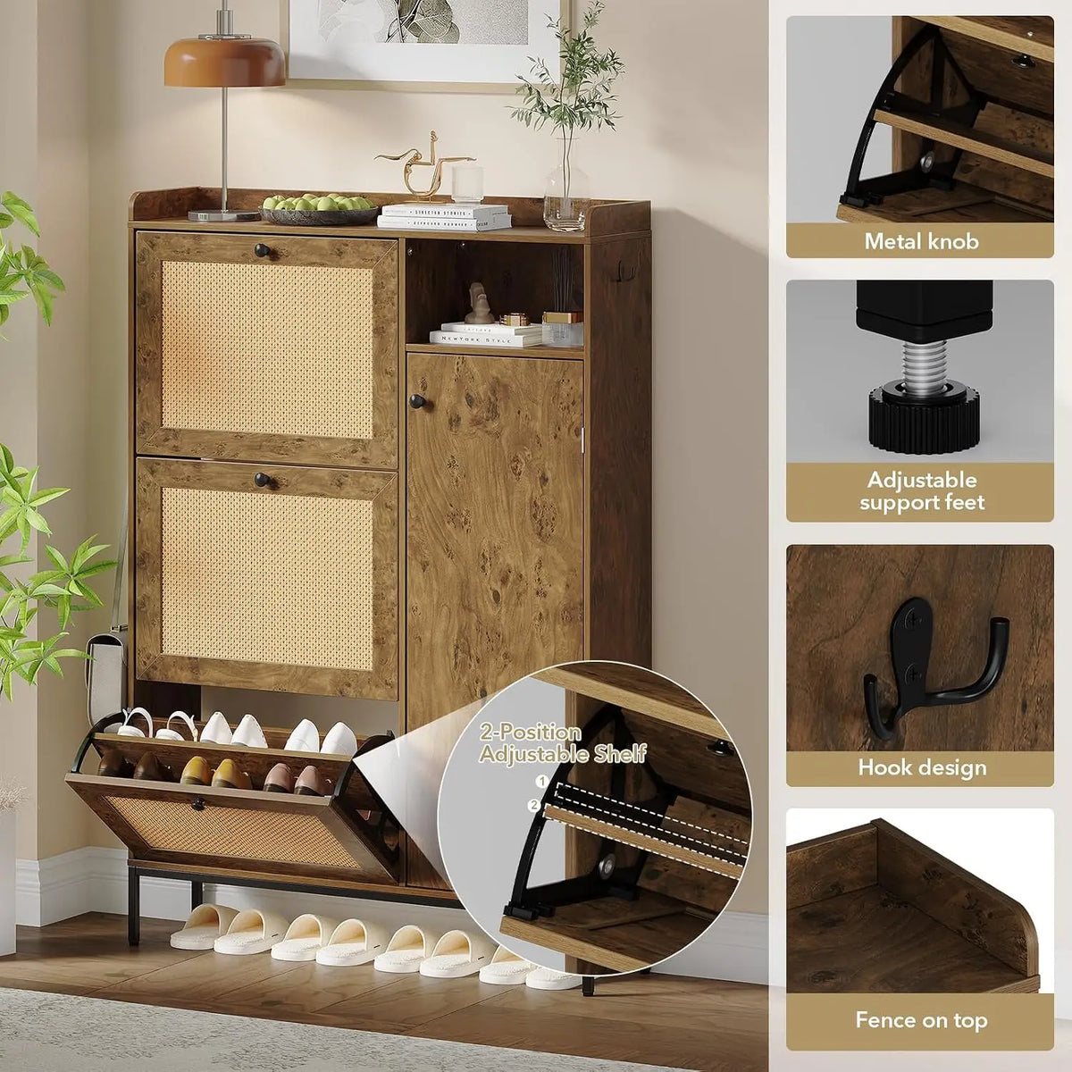 Natural Rattan Shoe Cabinet With Adjustable Shelves