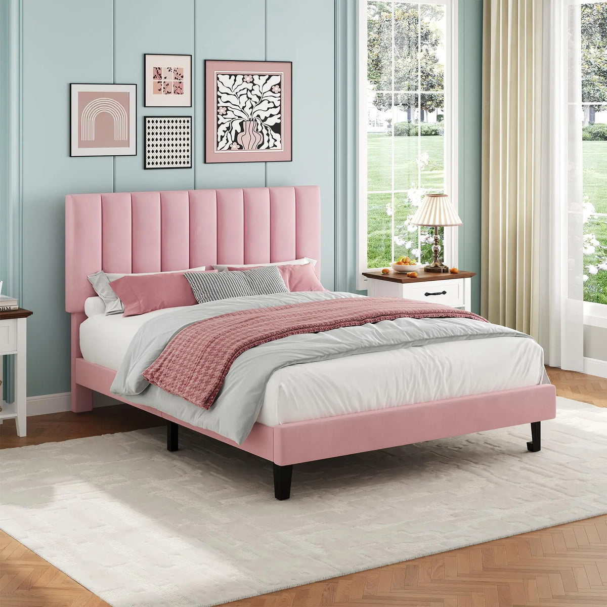 HiMISS Upholstered Platform Bed Frame With Tufted Headboard
