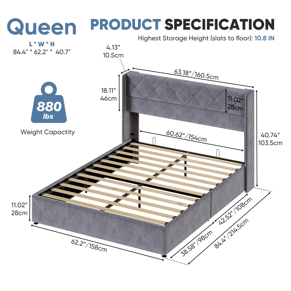 JHK Modern Hydraulic Lift Up Upholstered Storage Bed
