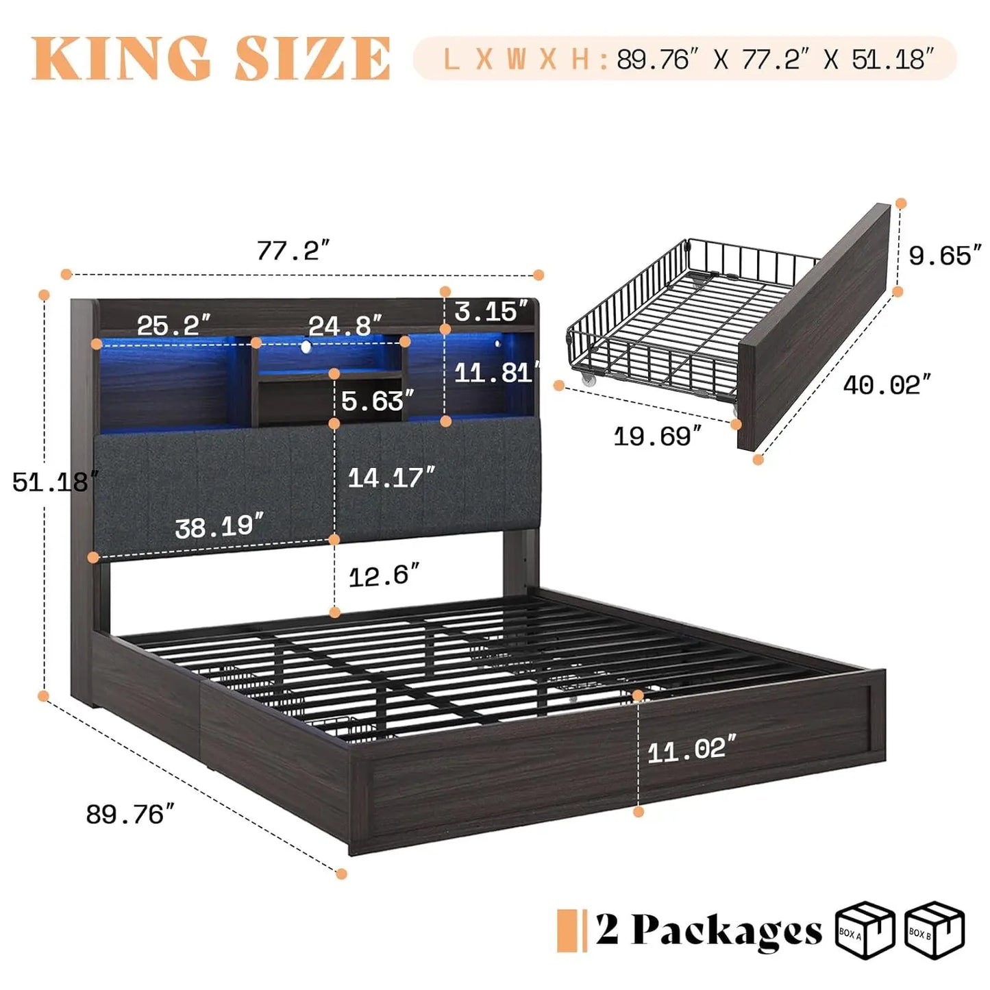Bed Frame With Bookcase Headboard And Linen Upholstery With Storage Drawers