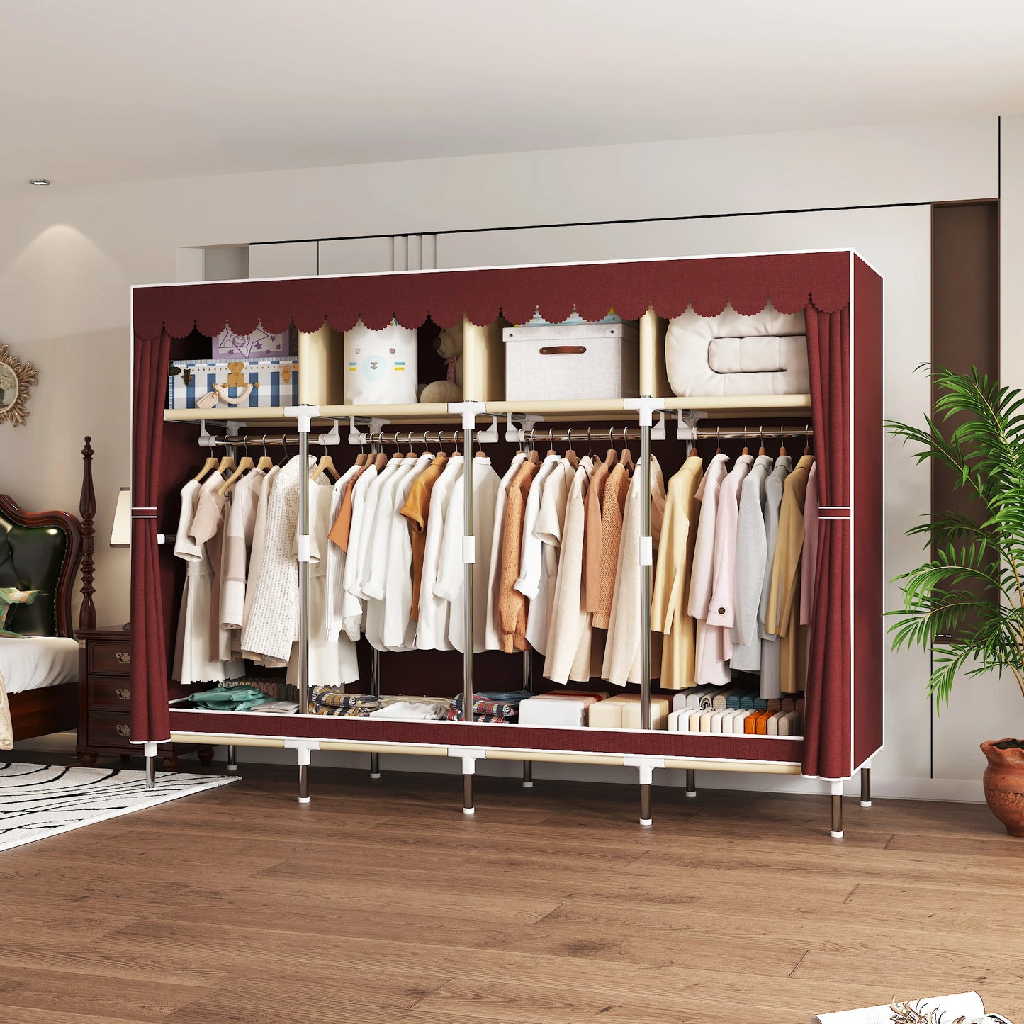 ArluKin Heavy Duty Fabric Wardrobe With 4 Hanging Rods And Storage Spaces