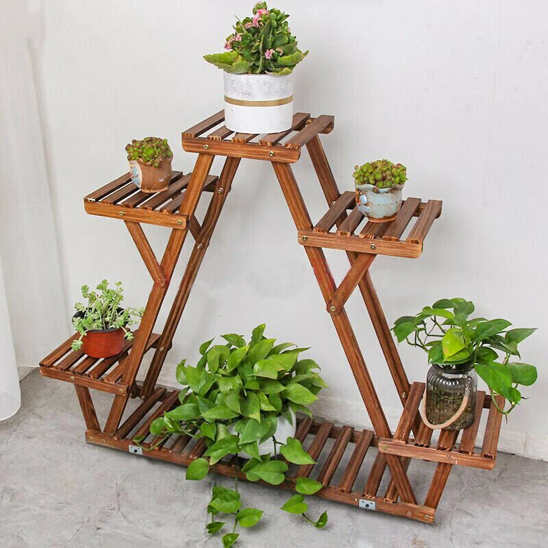 Carbonized Triangle Six Tier Corner Wood Plant Stand Indoor Outdoor