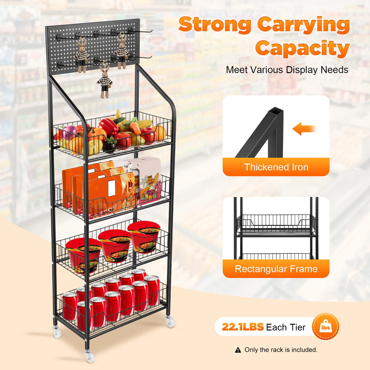Four Tier Wire Snack Rack Storage Display Stand With Wheels