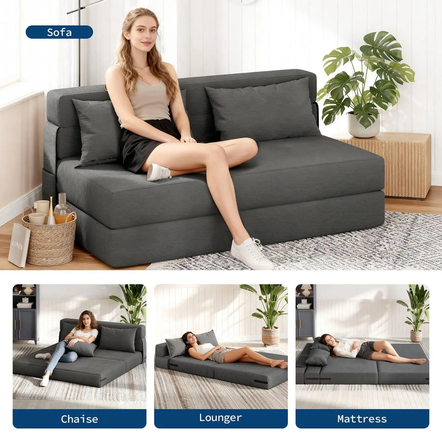 HobbyLane 4 In 1 Folding Corduroy Sofa Bed Convertible Sleeper Couch With Pillow