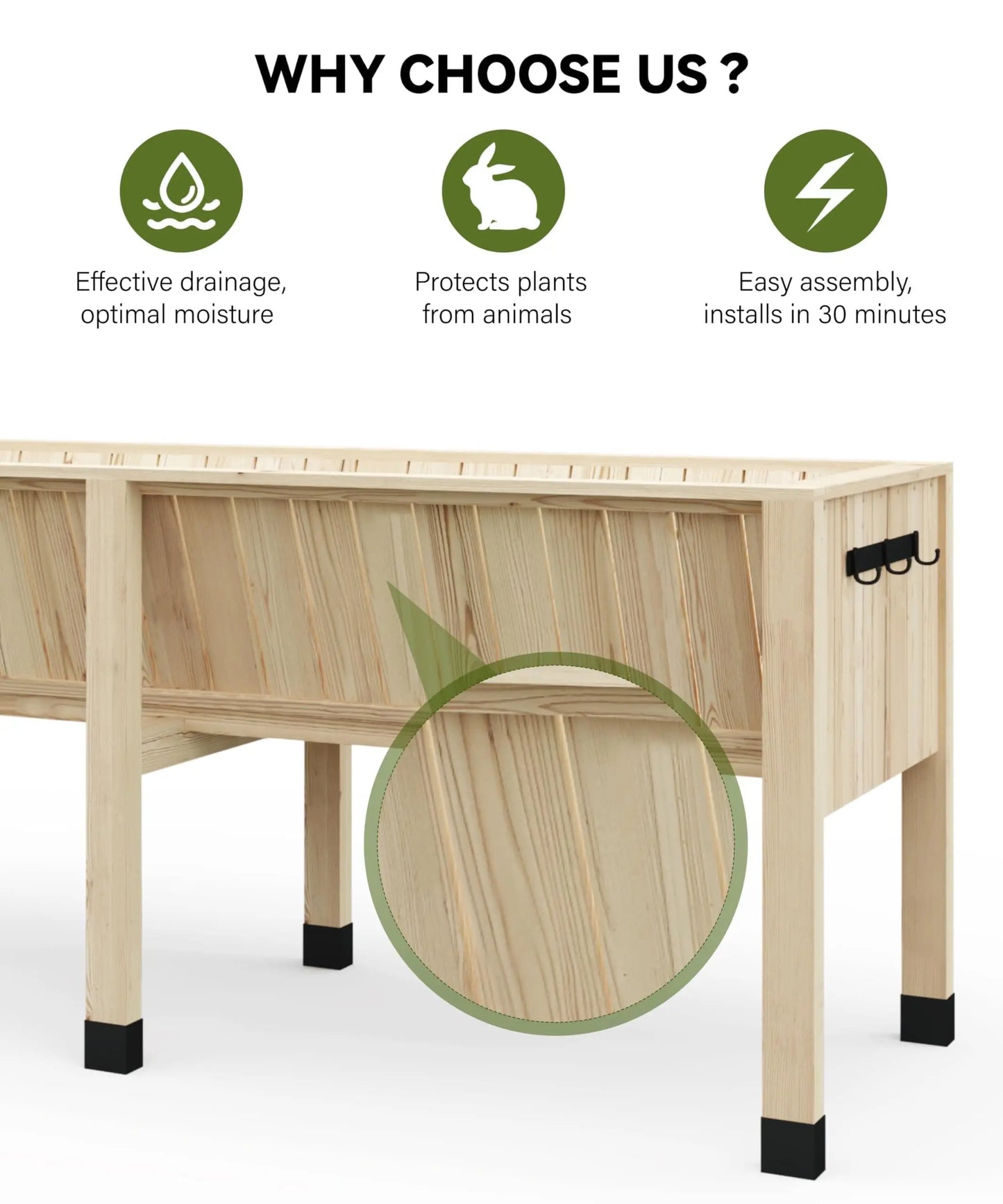 HiMISS Raised Wooden Garden Bed With Tool Hooks And Elevated Planter
