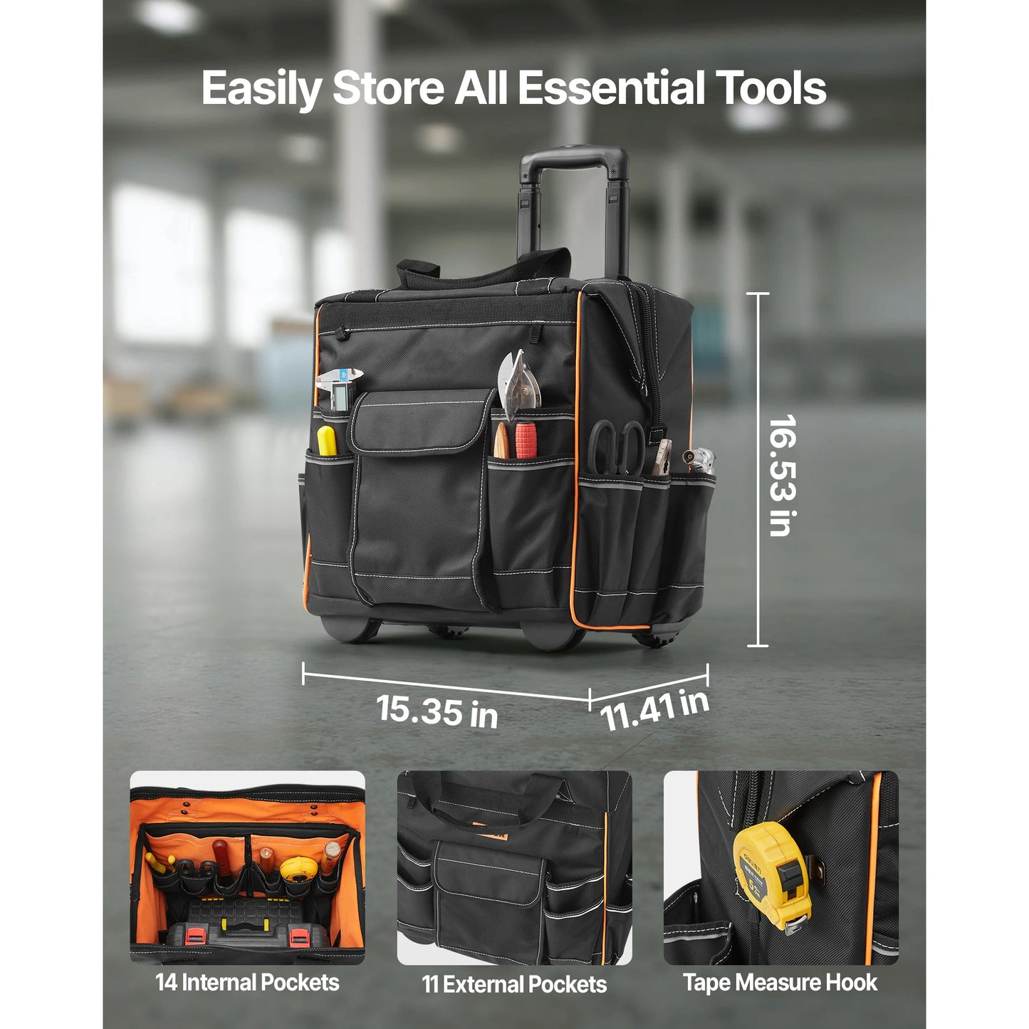 SucceBuy Durable Rolling Tool Bag With Telescoping Handle And Pockets