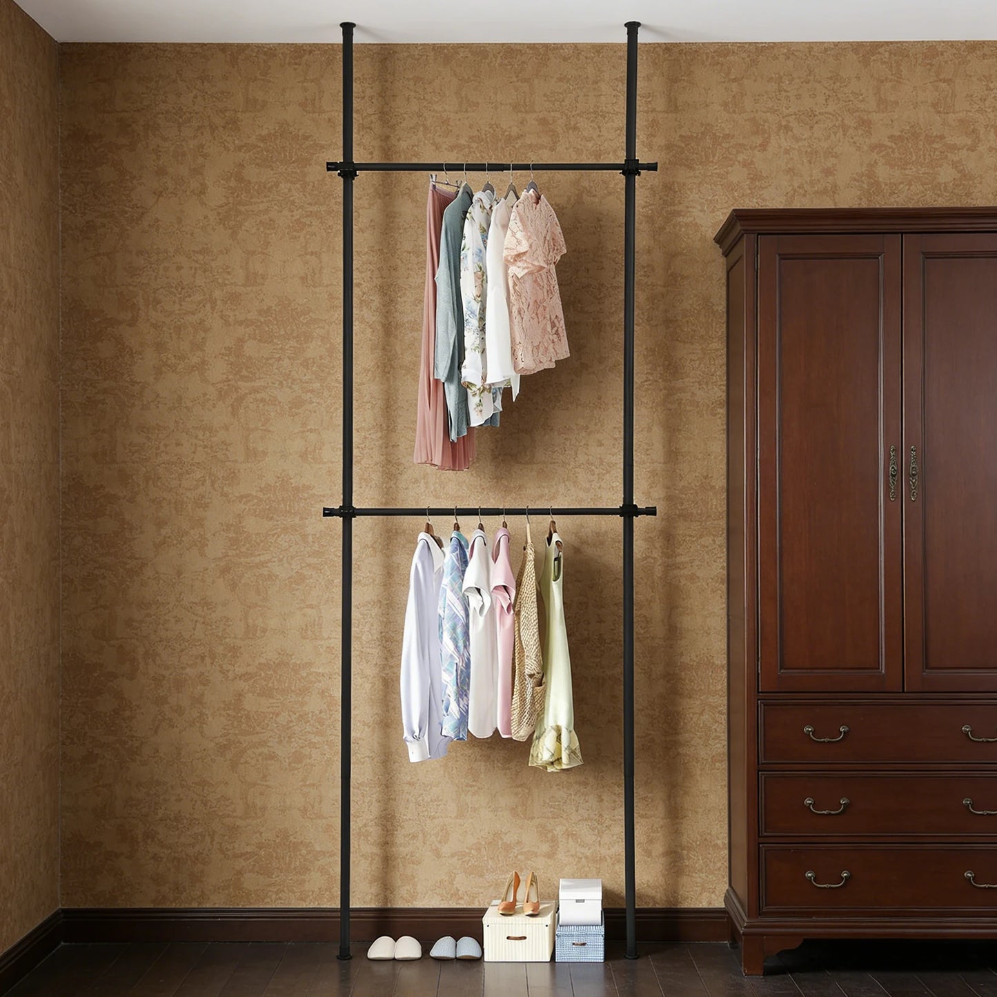 Adjustable Floor to Ceiling Clothing Rack Organizer in Stainless Steel