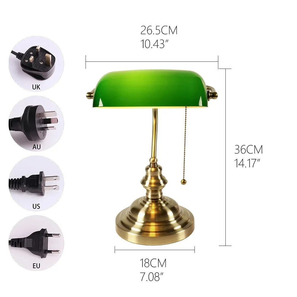 E27 Glass Iron Banker Desk Lamp With Zipper Switch For Office And Bedroom