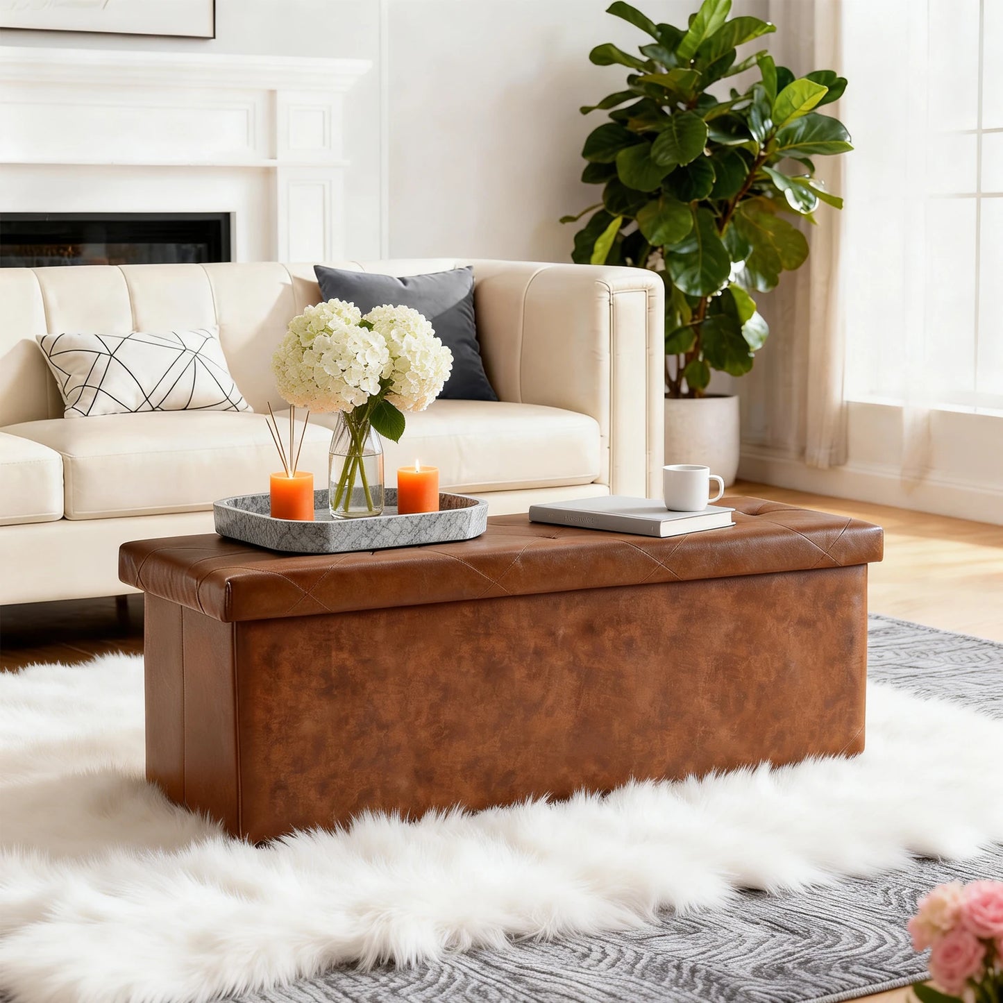 Tufted Faux Leather Storage Bench Ottoman With Folding Footrest