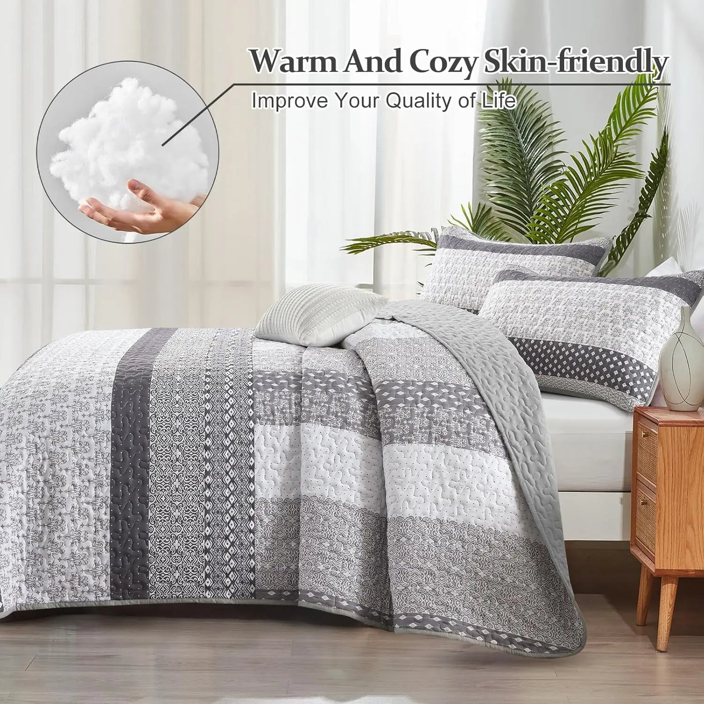 Bohemian Stripe Reversible Quilt Set 3 Piece Microfiber Polyester Cotton