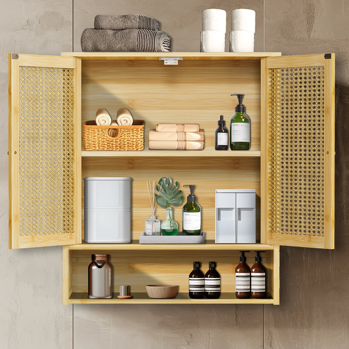 Wisfor Wall Mounted Bamboo Medicine Cabinet With Rattan Doors