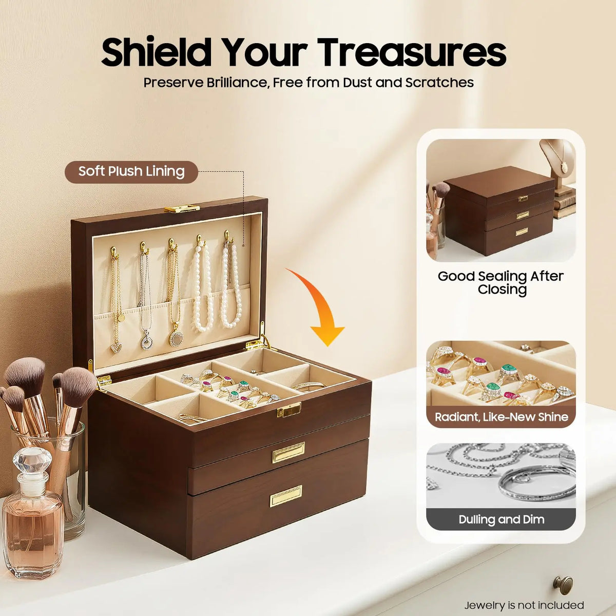Bymaocar Three-Tier Bamboo Jewelry Box With Drawers