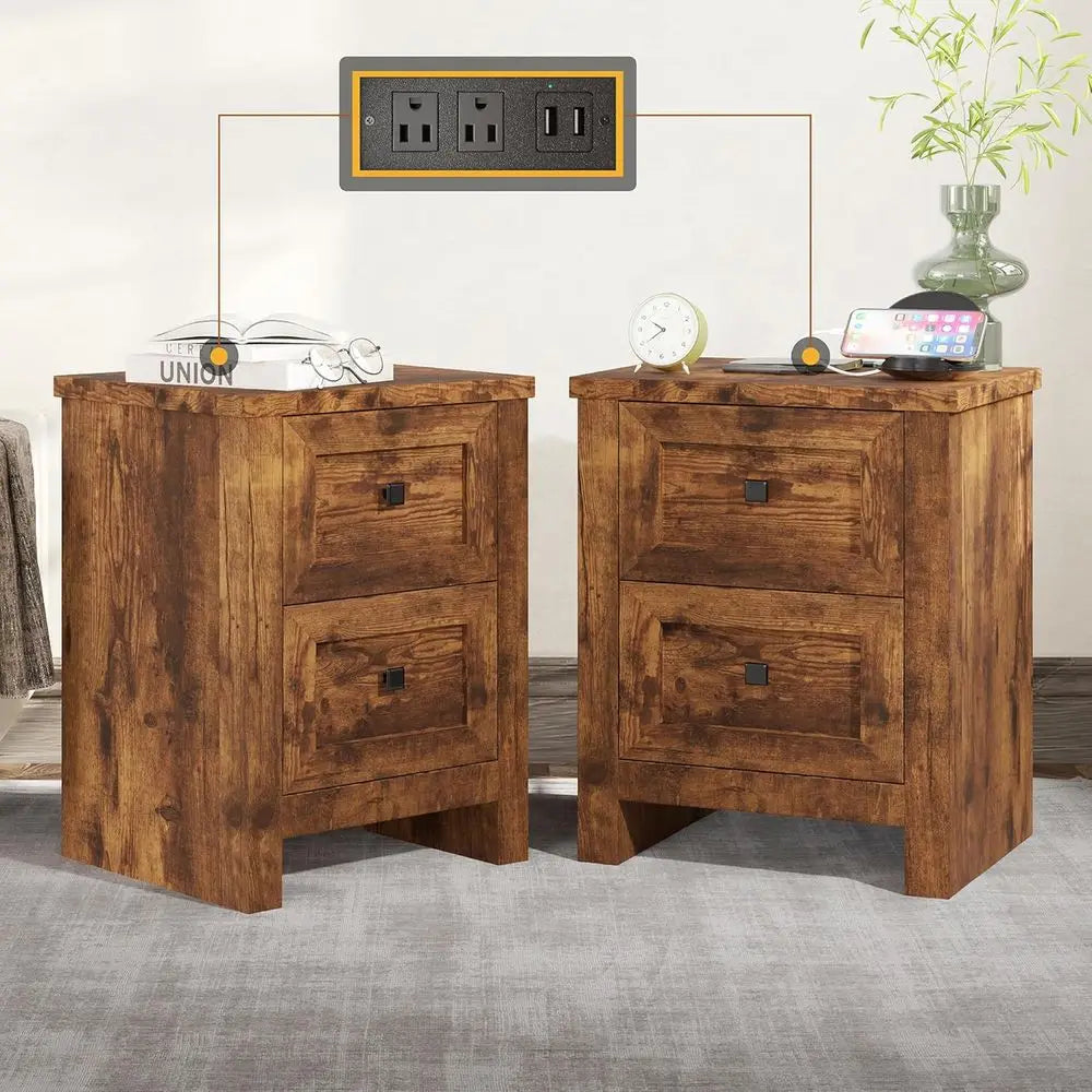 Rustic Wood Nightstands Set of 2 With Charging Station