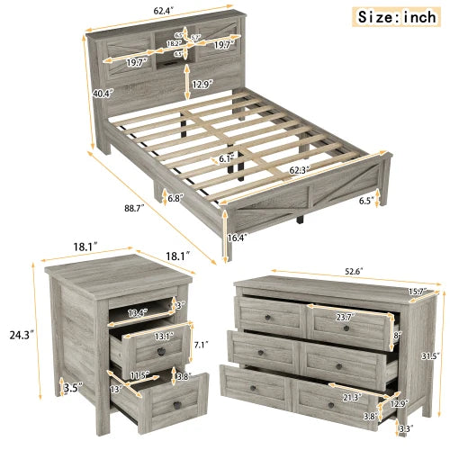 Farmhouse 3 Piece Bedroom Set Platform Bed With Storage Headboard
