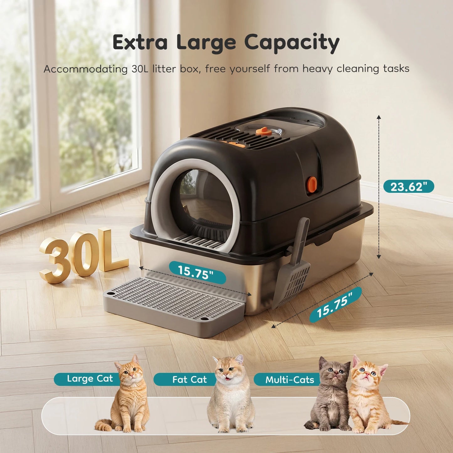 Stainless Steel Cat Litter Box Fully Enclosed For Large Cats Scoop And Mat