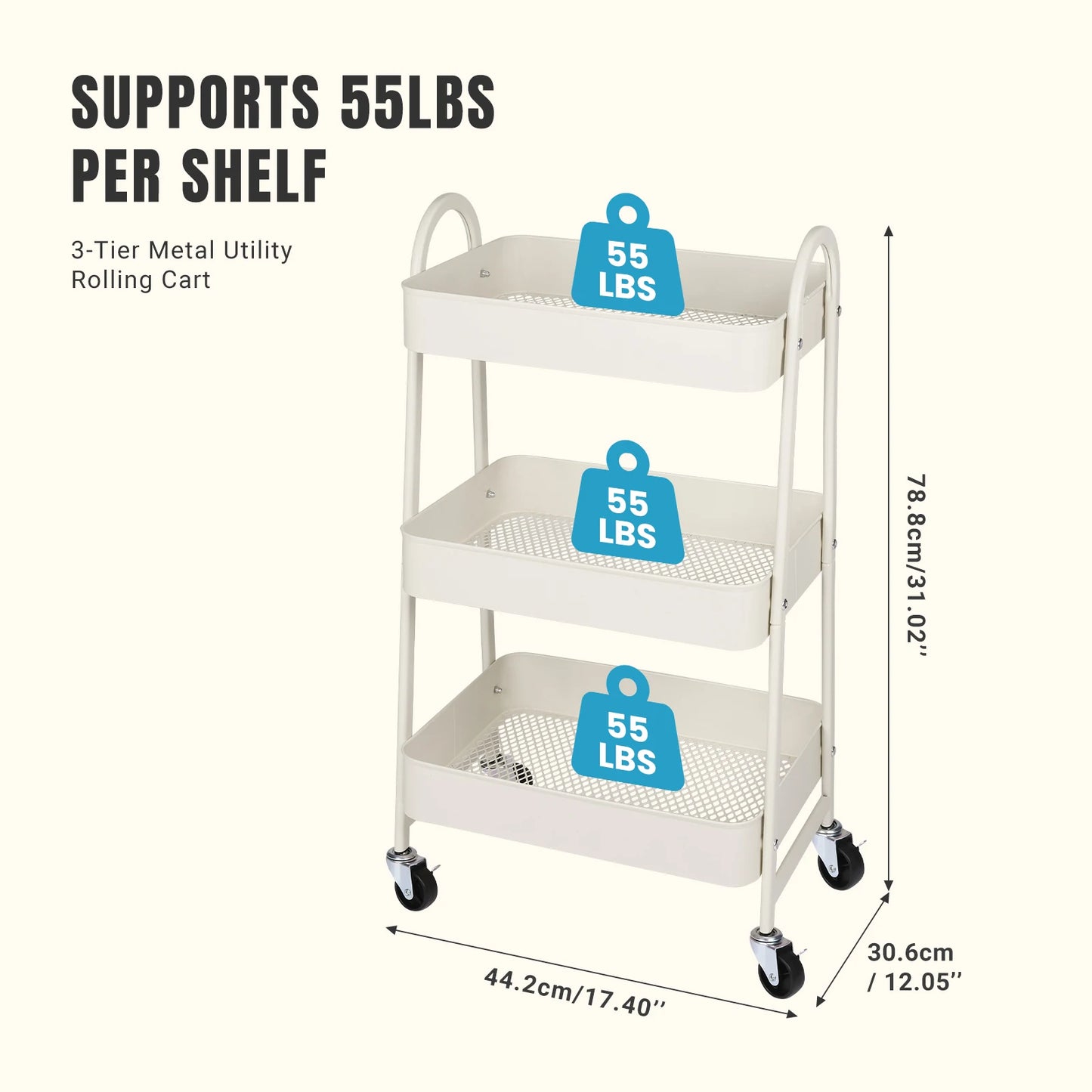 JHK 3 Tier Metal Storage Cart With Lockable Wheels