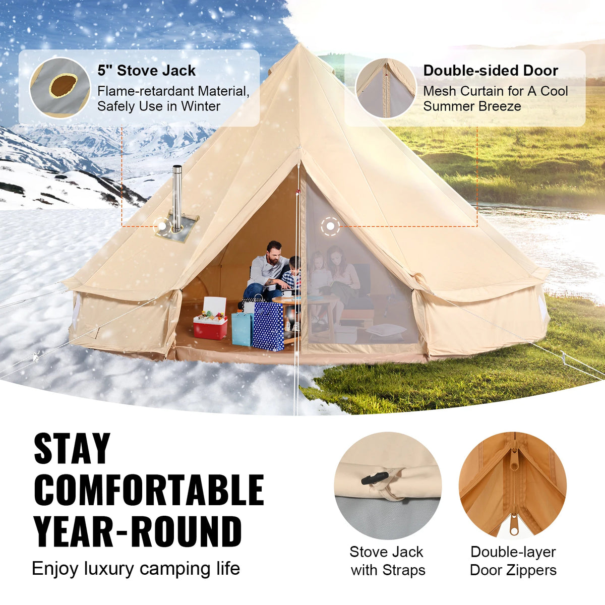 SucceBuy Canvas Bell Tent For Four Season Camping Breathable Yurt