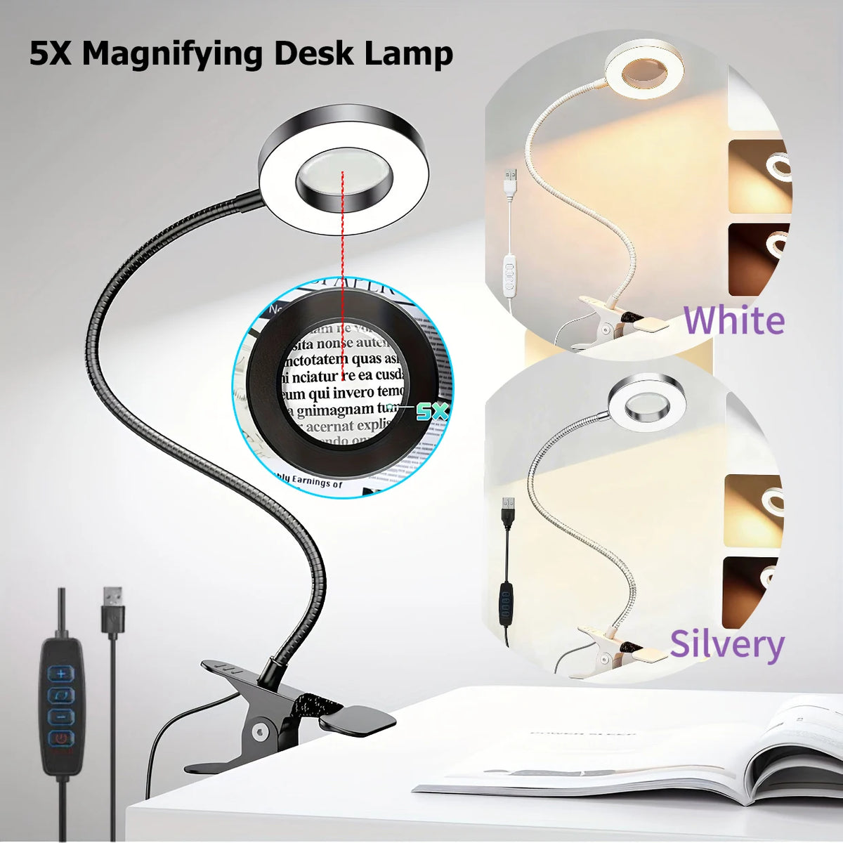 Dumiloo LED Clip On Magnifying Desk Lamp Adjustable Gooseneck
