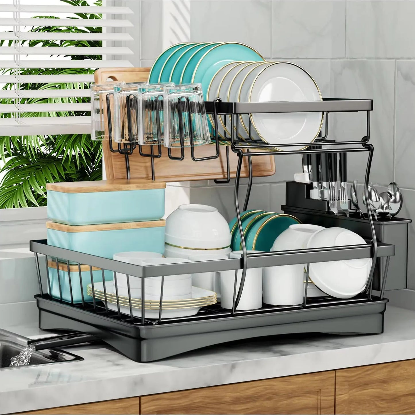 Two Tier Dish Drying Rack for Kitchen Countertops Removable