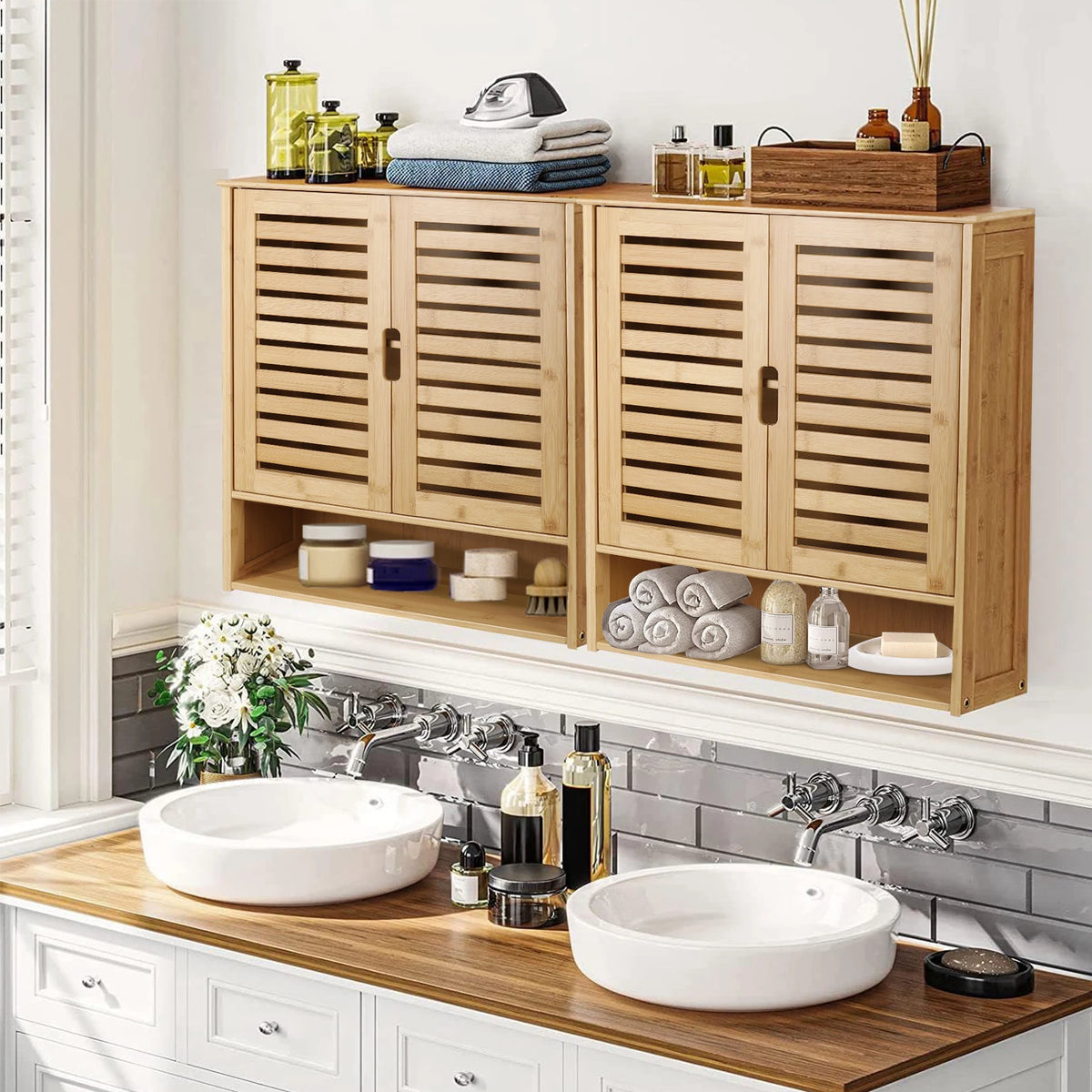 Bamboo Bathroom Wall Cabinet With Double Door And Adjustable Shelves