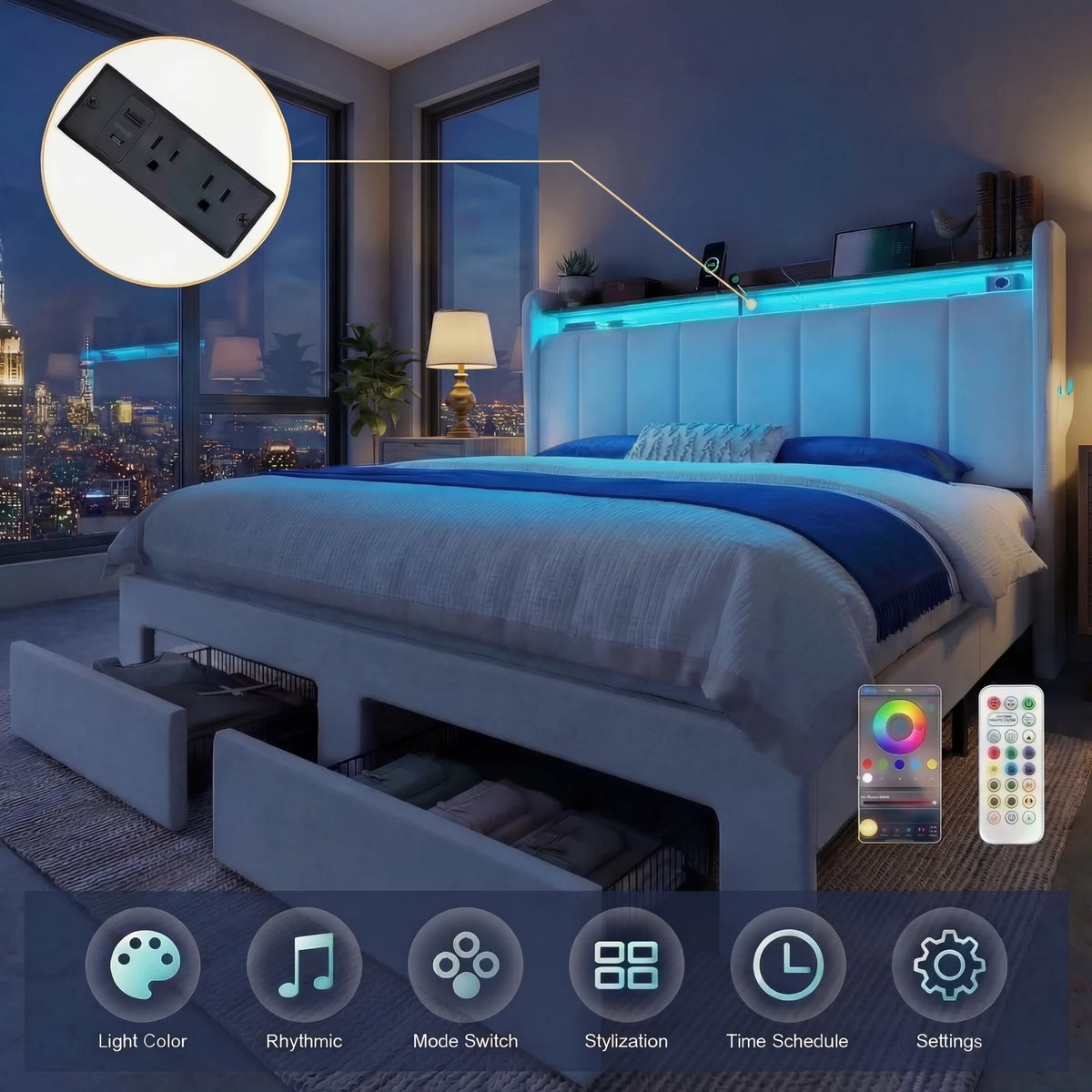 Hoomic Bed Frame With Led Lights Storage Drawers And Charger