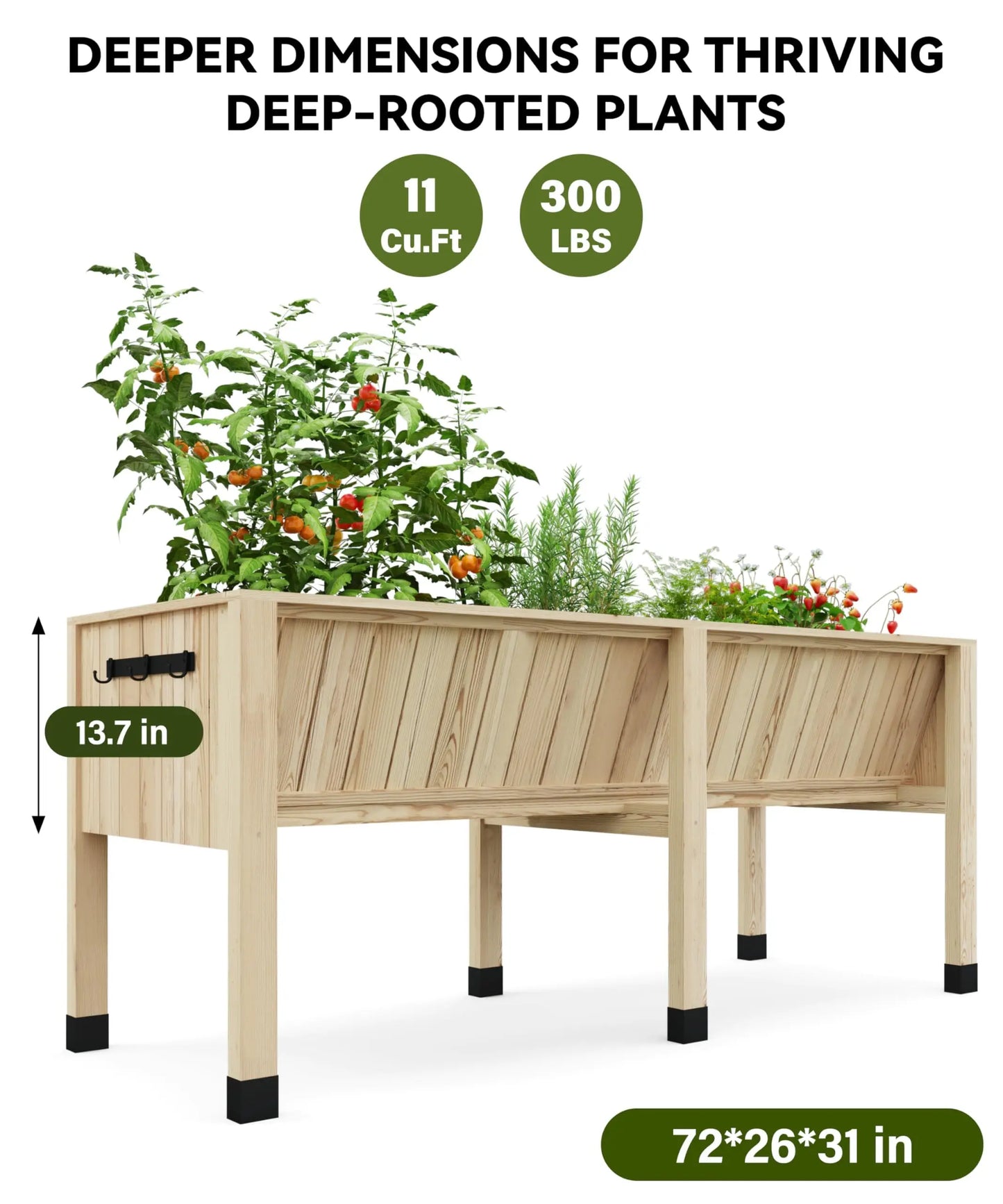 HiMISS Raised Wooden Garden Bed With Tool Hooks And Elevated Planter