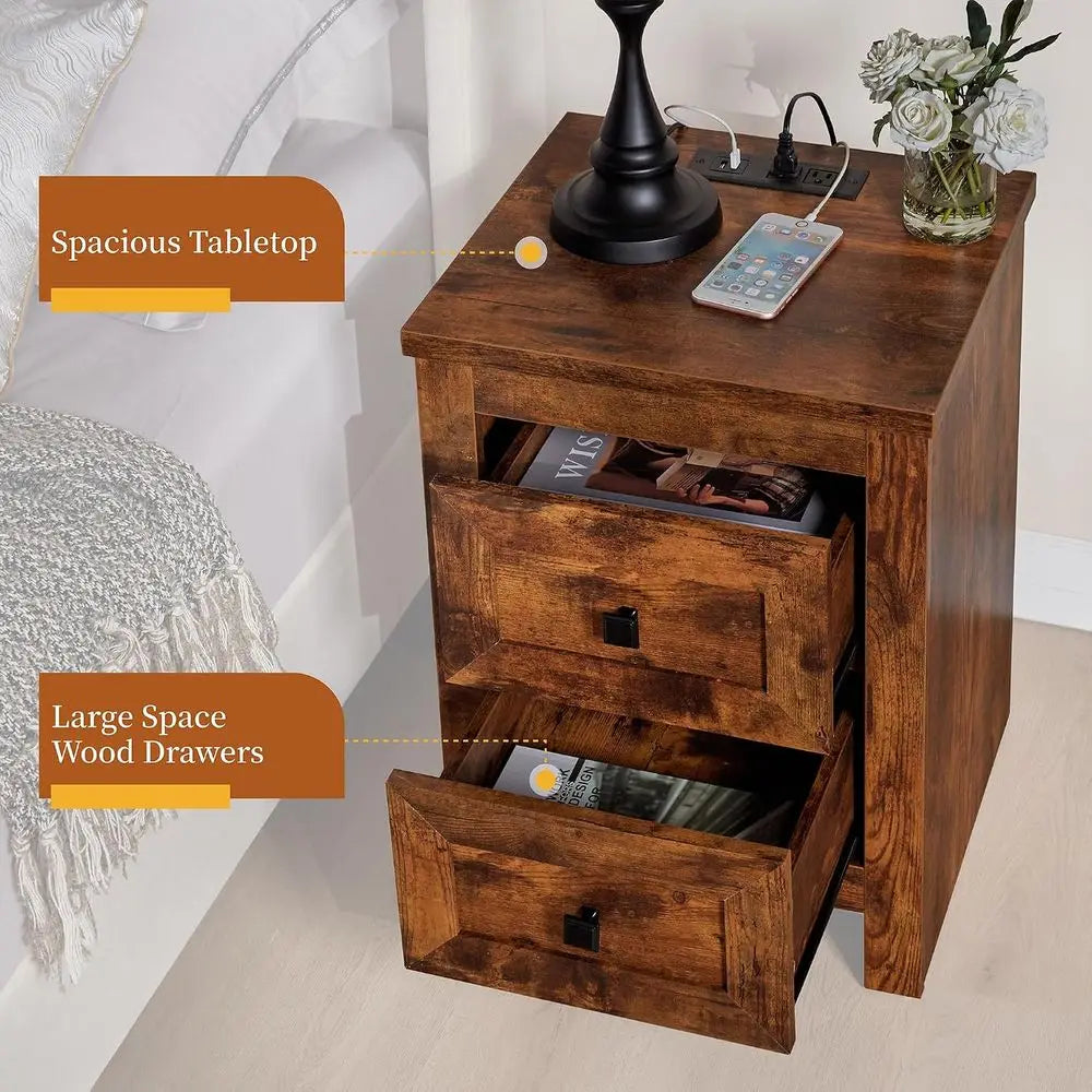 Rustic Wood Nightstands Set of 2 With Charging Station