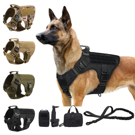 Tactical Nylon Dog Harness Collar With Molle Pouches For Large Pets