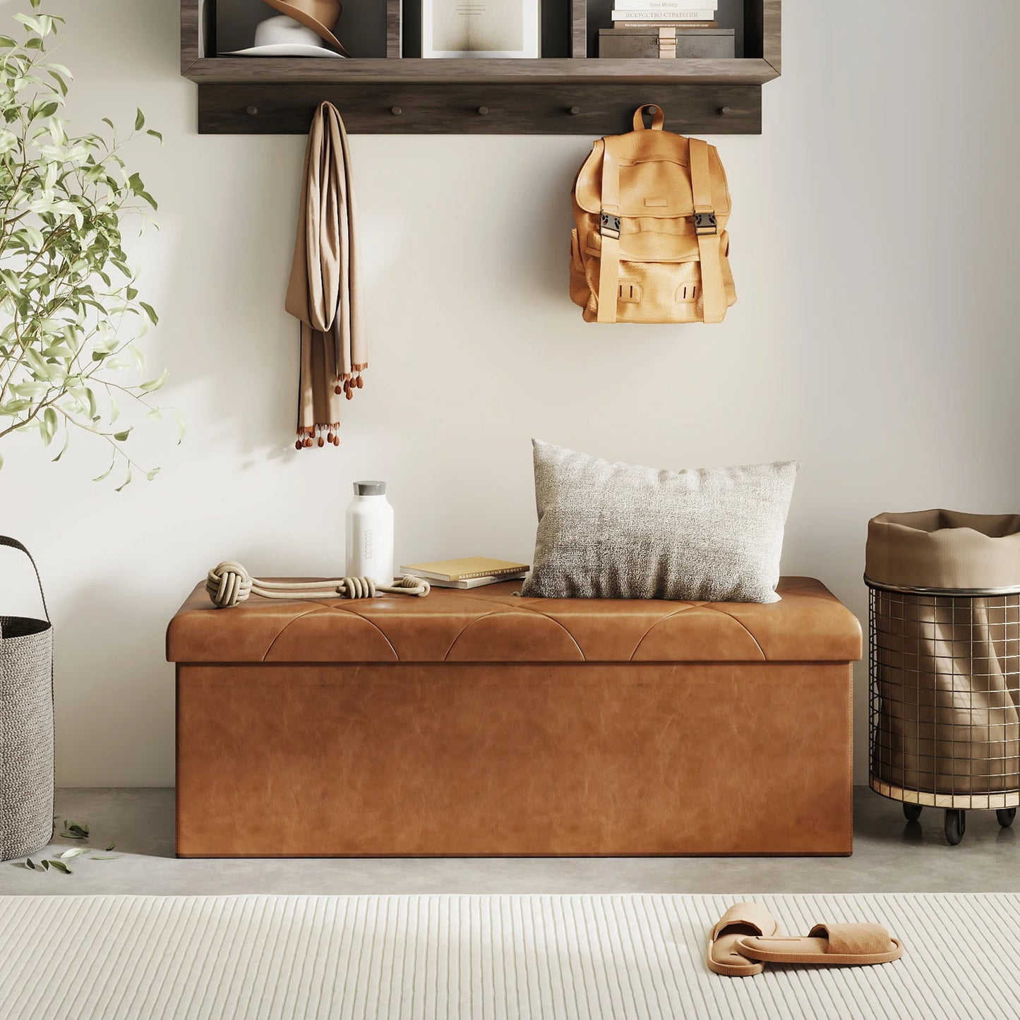Tufted Faux Leather Storage Bench Ottoman With Folding Footrest
