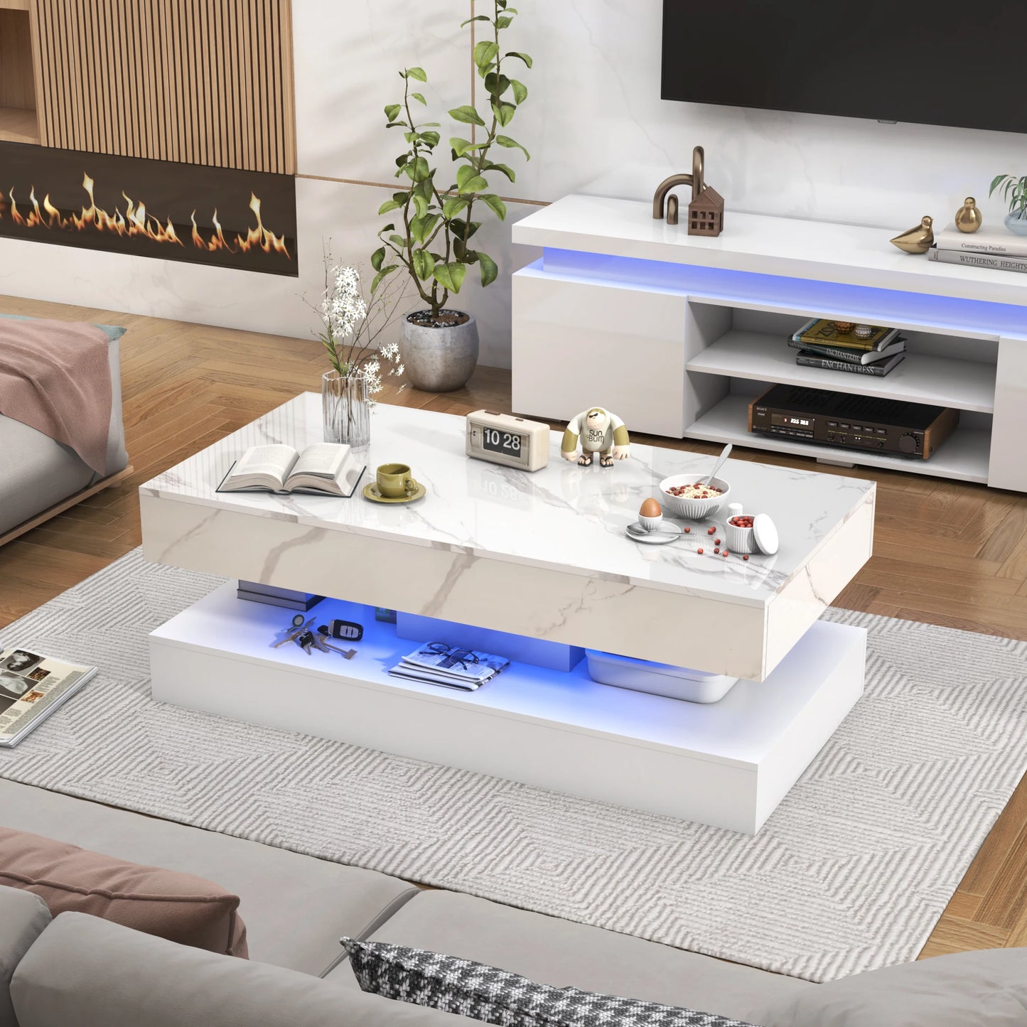 QiaoShiRen Modern LED Coffee Table With Double Layer Storage Drawers