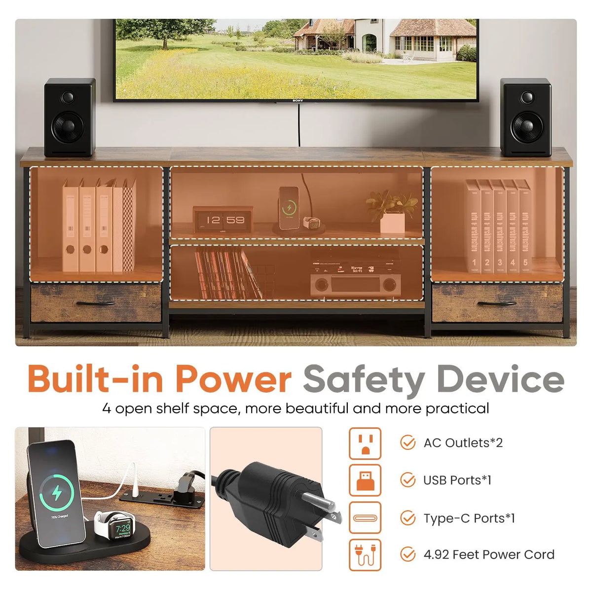JHK Modern Wooden TV Stand With Adjustable Storage Shelf