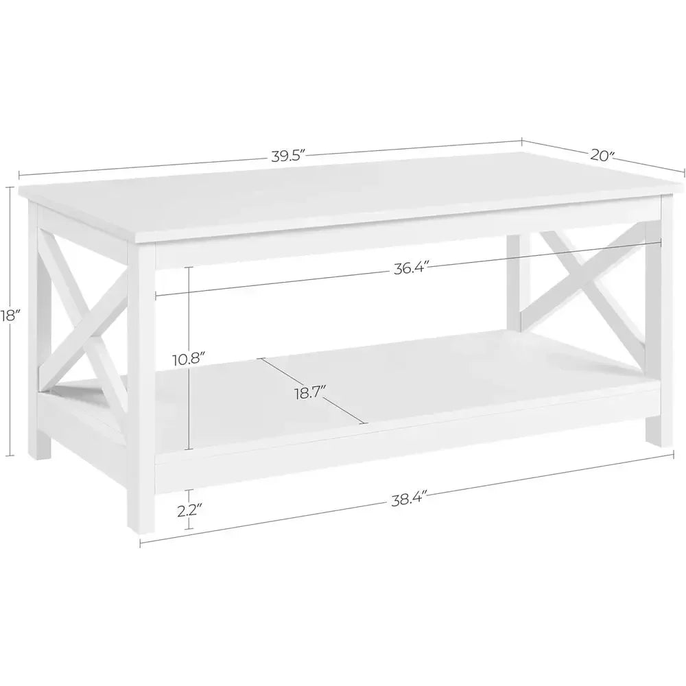 Wood 2-Tier Coffee Table With Storage Shelves Modern X Design