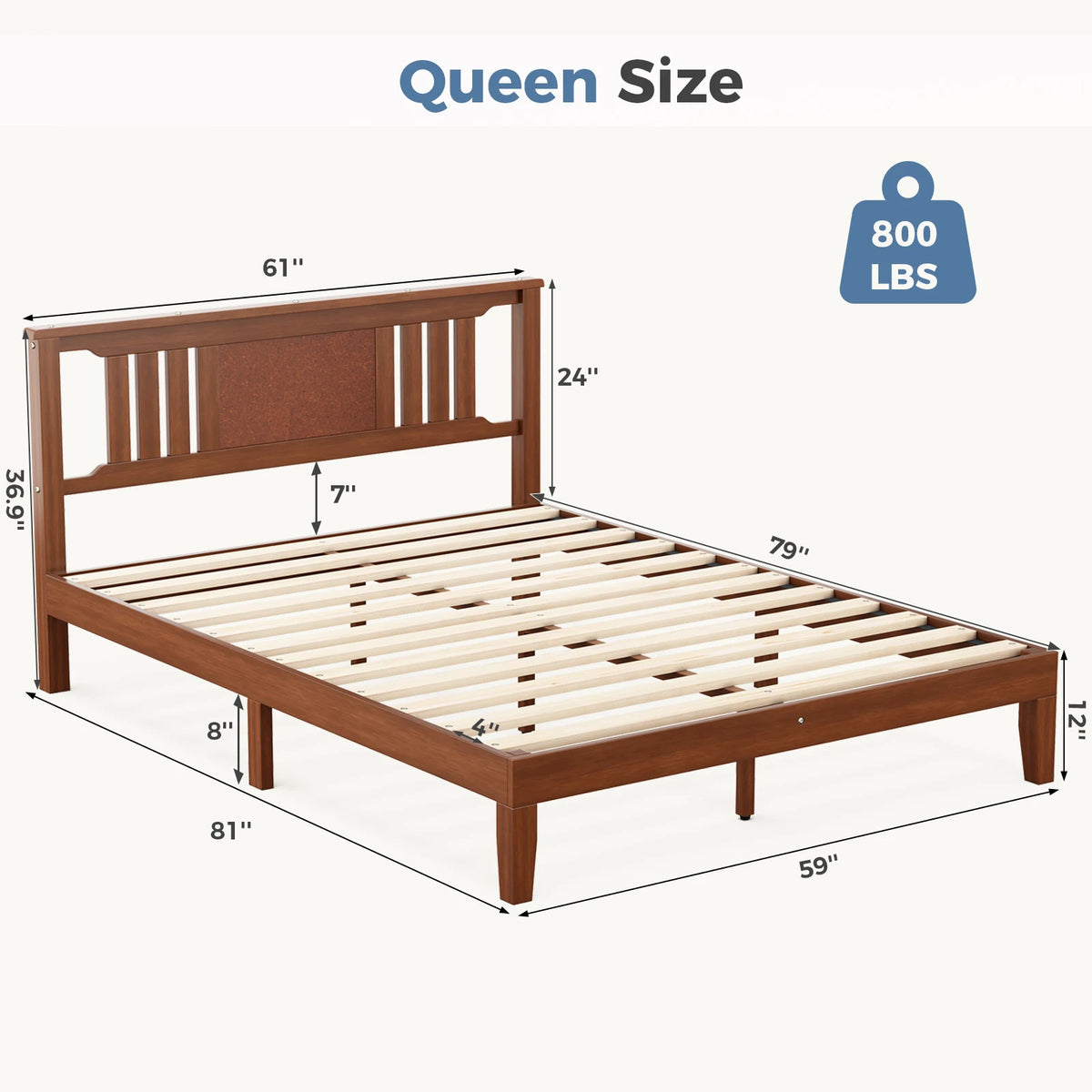 MCQ Wood Platform Bed Frame With Headboard And Sturdy Slats