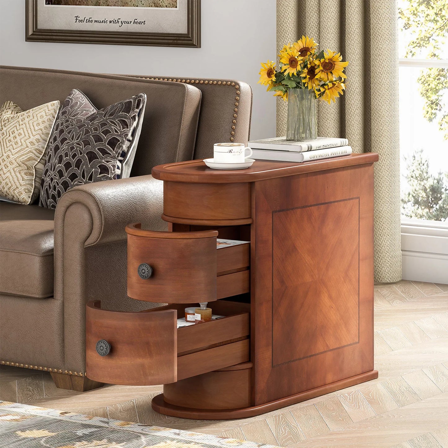 Tribesigns Round Solid Wood End Table With Drawer Nightstand