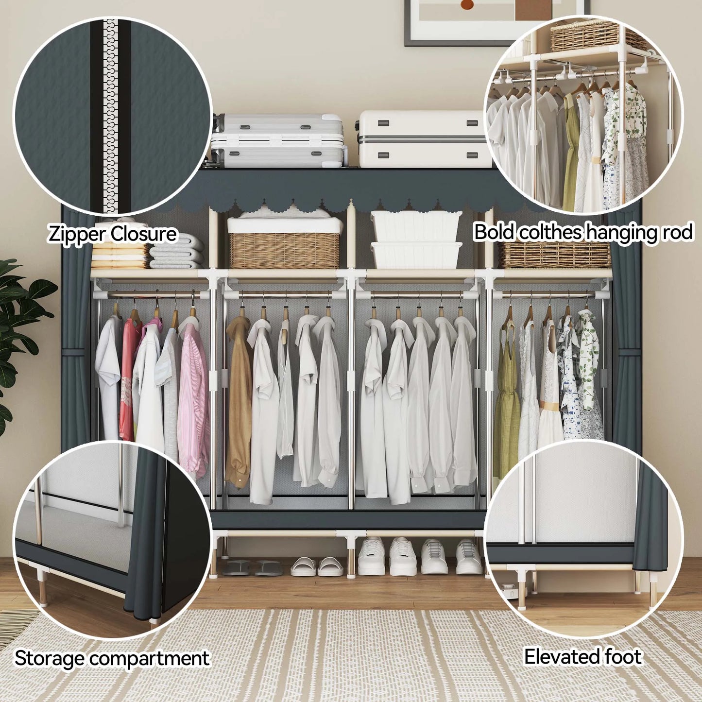 ArluKin Heavy Duty Fabric Wardrobe With 4 Hanging Rods And Storage Spaces