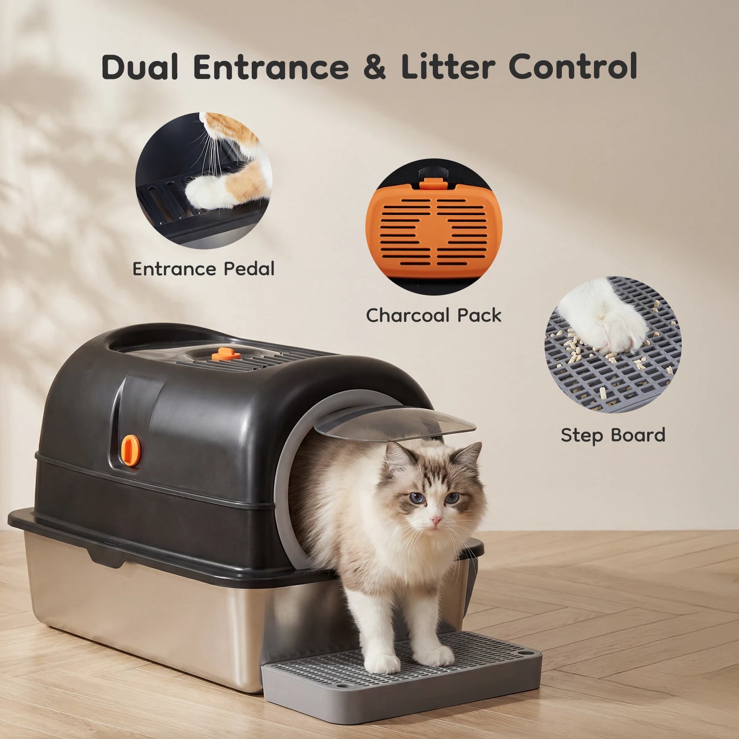 Stainless Steel Cat Litter Box Fully Enclosed For Large Cats Scoop And Mat