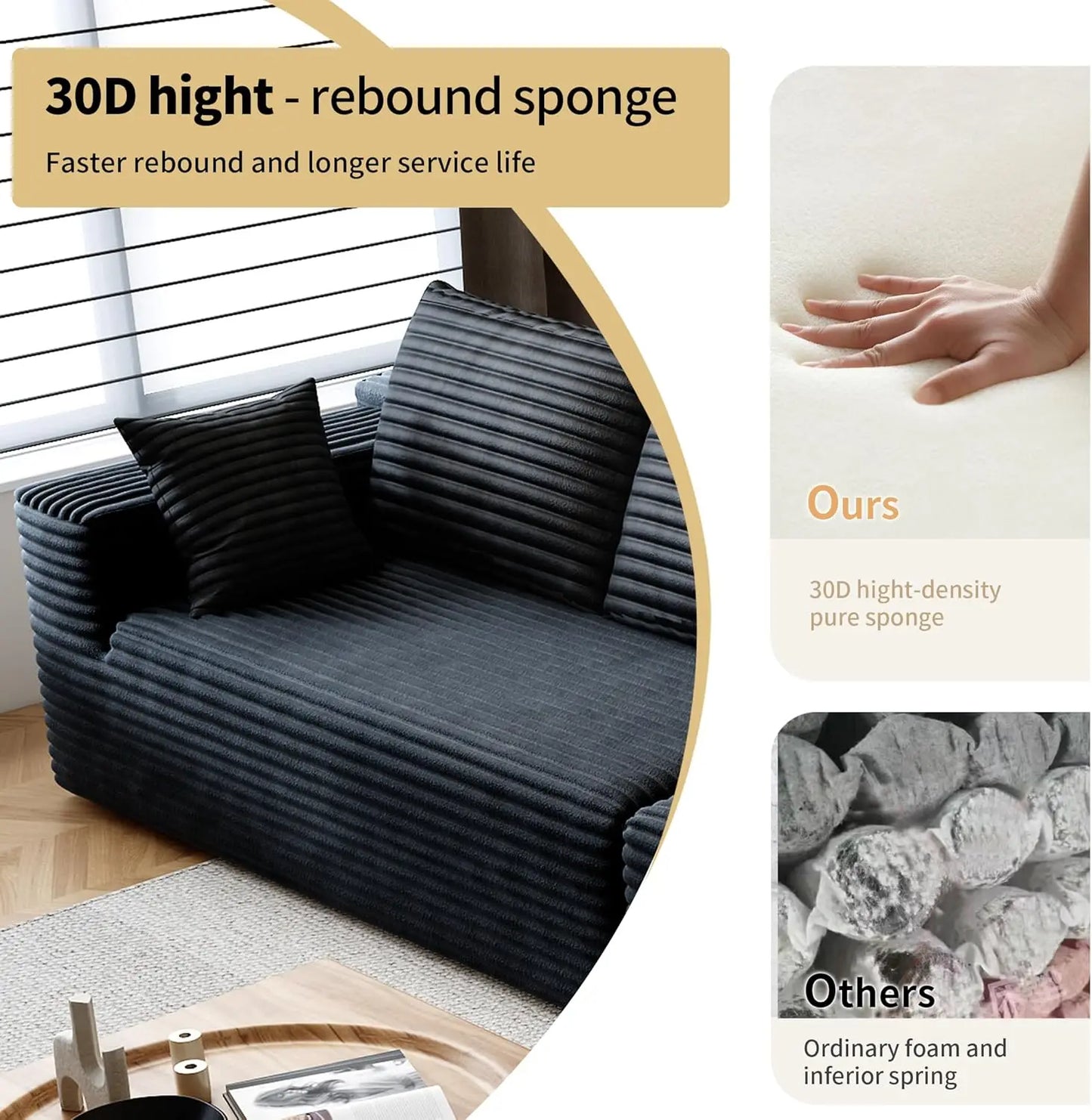 YQXH Cloud Style Sectional Sofa With Corduroy Memory Foam Cushions