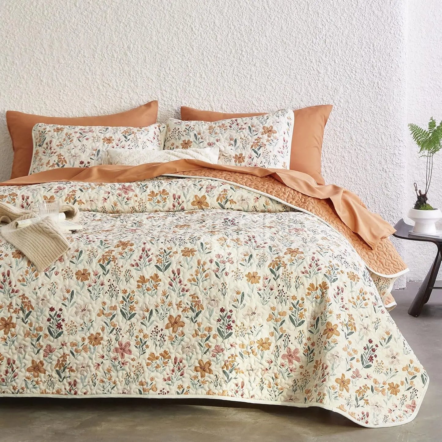 Floral Quilt Set 3 Piece Reversible Lightweight Bedspread Coverlet
